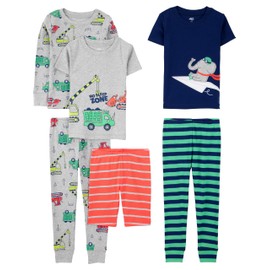 Simple Joys by Carter's Boys' Toddler 6-Piece Snug Fit Cotton Pajama Set, Green Stripe/Grey Trucks/Navy Elephant/Orange Stripe, 4T