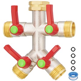 EJW Brass Garden Hose Splitter, Outdoor Faucet Garden Hose Splitter, 4 Way Heavy Duty High Flow Splitter, Heavy Duty Hose Fitting 3/4”, 4 Way Hose Splitter 4 Extra Rubber Washers & 1 Tape