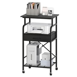 MAHANCRIS Tall Printer Stand, 3 Tier Printer Cart with Storage, Industrial Printer Table on Wheels, Adjustable Shelf & Fabric Drawer, for Home Office Study Black PTBK5501