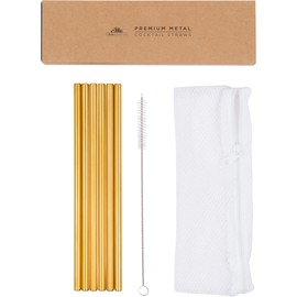 A Bar Above Gold Metal Cocktail Reusable Straws, with Straw Cleaner Brush, Dishwasher Bag, Stylish Stainless Steel Straws for Drinking, Stirring, Cocktail Metal Straws, Reusable Set