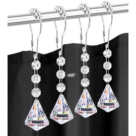 Yapicoco Shower Curtain Hooks Rings for Bathroom, 12PCS Shower Hooks with Gemstone Crystal Bead Charms, Stainless Steel Rust Resistant Curtain Rings (Clear Diamond)