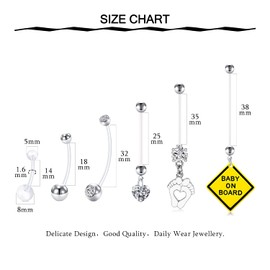 Funseedrr 6pcs Pregnancy Belly Bars Maternity Belly Button Bars Flexible Bioplast 14G 14/18/25/32/35/38mm Barbells Dangly Belly Button Piercing