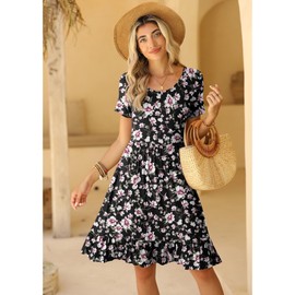 LILBETTER Short Sleeve Knee Length Dresses with Pockets Empire Waist Dress for Women Summer Dress with Sleeves(Flower Black Pink, Small)