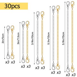 WIURGOHA 30pcs Chain Extenders for Necklace, Necklace Extenders for Women Girls Bracelet Anklet Extender Stainless Steel Chain Extenders for Jewelry Making 2" 3" 4" 5" 6" (15 Gold, 15 Silver)