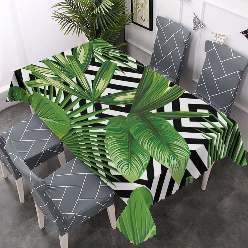 Walmsco Tablecloth Green Leaves Tropical Geometric Patterns Decor For Dining