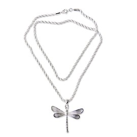 NOVICA Artisan Handmade Sterling Silver Pendant Necklace Crafted with Dragonfly Indonesia Animal Themed [20.5 in L 3 mm W Pendant(s) 1.5 in L x 1.4 in W x 0.2 in D] ' White Dragonfly'