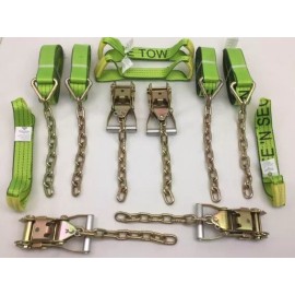 SnS 8 pt Kit 14 Hi-VIZ TECNIC Webbing Rollback / Flatbed Car Tie-Down w/ Chain Tails
