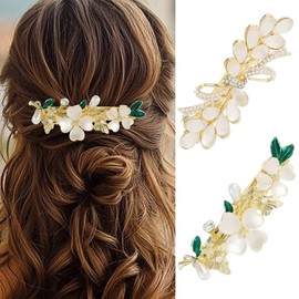 HEREAD Gold French Barrette Hair Clips Opal Rhinestone Hair Barrettes Flower Vintage Hair Accessories for Women (Pack of 2)