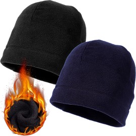2 Pack Mens Beanie Hat Thermal Fleece Skull Cap Helmet Lining Lightweight Thin Running Hat Cycling Cap for Men Women Outdoor, Black and Navy