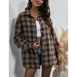 HangNiFang Flannel Shirts for Women Oversized Coffee Plaid Shirts Blouse Tops(0368-Coffee-XXL)