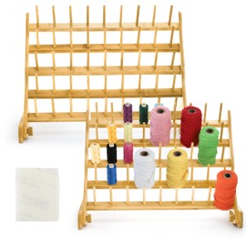 WRINGKIT 2 Pack Bamboo Thread Holder, 90 Spools Thread Rack with Hanging Hooks, Non-Slip Pads, Spool Holder for Embroidery Quilting and Sewing Threads, Hair Braiding Rack