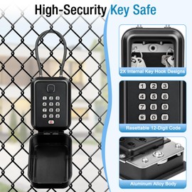 WACCET Key Safe with Number Code, Weatherproof Key Safe Outdoor with 12-Digit Resettable Large Key Cabinet, Waterproof Key Box with Hanger for Home, Garage, School, Office