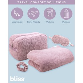 Bliss Womens Travel Blanket Set - 4 Piece Plush Microfiber Packable Travel Blanket with Relaxing Sleep Mask, Carry On Case, and Satin Hair Tie, Pink Gaze