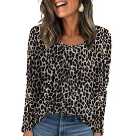 OFEEFAN Leopard Print Tops for Women Womens Long Sleeve T Shirts Tunics Or Tops to Wear with Leggings Fall Outfits Brown Leopard Print M