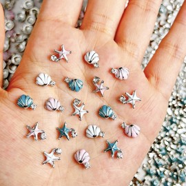 UEYRSEDB 12PCS 3D Summer Star Nail Rhinestones Charms Ocean Starfish Shells Nail Gems Cute Summer Beach Nails Diamonds White Pink Blue Nails Jewelry Supplies for Women Manicure Decorations