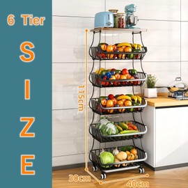 Baotkere Metal Wire Baskets with Wheels, Kitchen Organizer, 6 Tier Stackable Storage Containers, Fruit and Vegetable Trolley, Dish Rack for Bathroom, Garage and Pantry