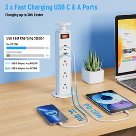 Pop Up Outlet for Countertop, 2.5'' Manual Lift Recessed Power Strip with 3 AC Outlets, 20W PD Fast Charging and USB-A Ports, Hidden Desk Power Grommet for Camper, Trailer, Home Office, DIY Table