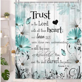 Bible Verse Inspirational Quote Shower Curtain, Green Floral Daisy Trust in The Lord Waterproof Fabric Shower Curtain, Rustic Farmhouse Butterfly Bathroom Shower Curtain with 12PCS Hooks, 70X70IN