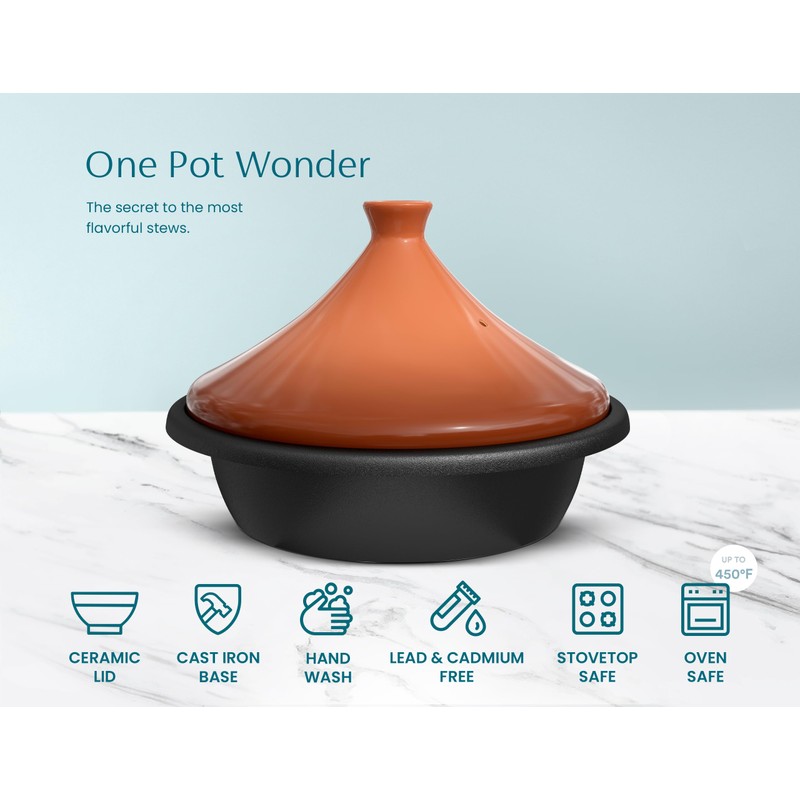 KooK Moroccan Tagine, Enameled Cast Iron Cooking Pot, Tajine with