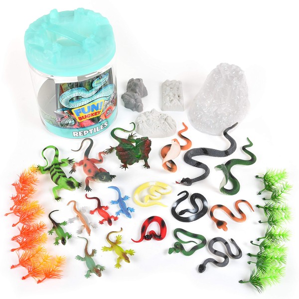 Sunny Days Entertainment Reptile Figure Play Bucket – 43 Assorted Lizards and Educational Accessories Toy Play Set for Kids | Plastic Animal Figures with Storage Container, Multicolor