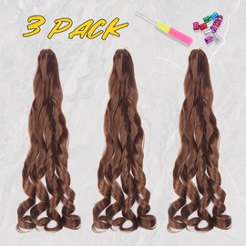 FESHFEN French Curly Braiding Hair Extensions - 3 Packs Curls Braids Crochet Extension Synthetic Pre Stretched Loose Wavy Bouncy Hair for Black Women, 24 Inch 33#