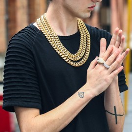 GOLD IDEA JEWELRY Hip Hop 14K Cuban Link Chain 5 Times Real Gold Plated Heavy Solid 8mm-18mm Miami Cuban Link Chain Stainless Steel Necklace or Bracelet for Men (22, 12mm)