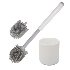 Don Aslett Silicone Toilet Bowl Brush Set (Gray) Includes Slim Brush Holder, Sturdy Handle, & 2 Replacement Heads with Durable Silicone Bristles | Easy to Clean & Compact Toilet Scrubber for Bathroom