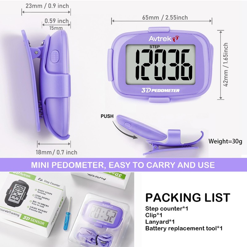 AVTREK 3D Pedometer Clip On-Step Counter for Walking-No App No