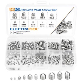 ELECTRAPICK Pack of 240 Grub Screws, Taper Tip, M3, M4, M5, M6, M8, Hexagon Socket Grub Screw, Stainless Steel Grub Screw, Worm Screw Assortment