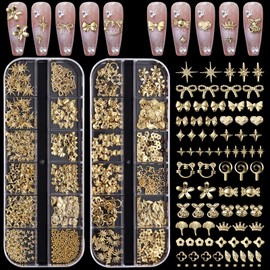 2 Boxes 3D Gold Nail Charms, Assorted Bow Bowknot Heart Star Alloy Nail Studs, Flower Crown Candy Metal Shiny Nail Jewelry, Luxury Rivet Nail Charms Rhinestones for Nails Art Decoration