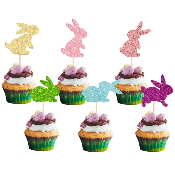 24 piezas de decoración para cupcakes de Pascua con purpurina, lindo conejo, cupcakes, para Pascua, primavera, baby shower, suministros de fiesta de cumpleaños