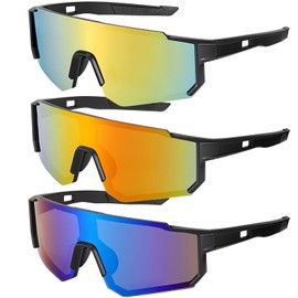 3 Pack Cycling Glasses Mens Women, Mirrored Sports Sunglasses for MTB Road Bike Hiking Baseball UV400 Protection Glasses Black