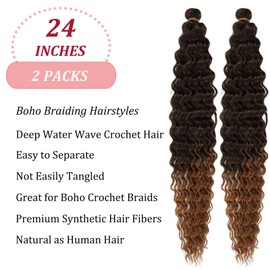 4B/27 Ocean Wave Curly Wavy Braiding Hair Pre Stretched Water Deep Wave Crochet Hair 24 Inch 2 Packs Boho Curls Hair for Braiding Bohemian Synthetic Boho Crochet Braids