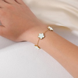 Five Leaf Clover Bracelet for Women-18K Gold Plated Lucky Link Grass Bracelets Stainless Steel White/Black/Blue/Gold/Crystal Flower Trendy Jewelry Gifts (five white)