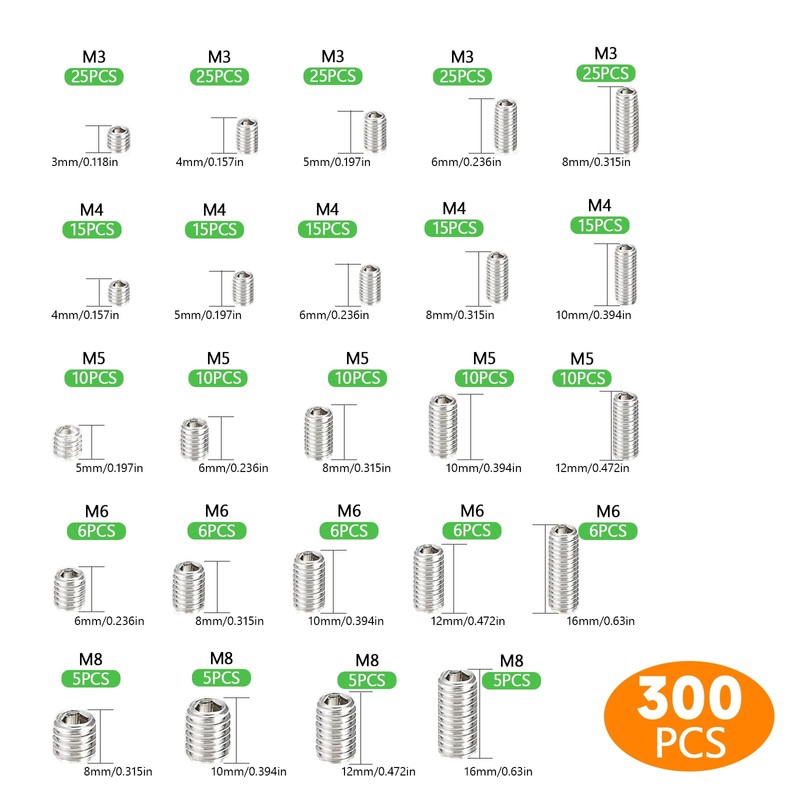 300 Pcs 24 Size Set Screws Assortment Kit (M3, M4,