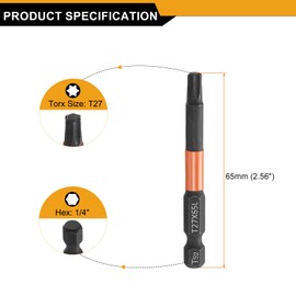 sourcing map 3pcs T27 Torx Head Screwdriver Bit 2.56" (65mm) Long 1/4" Hex Shank Magnetic No Hole Tamper Proof 6 Point Star Screw Driver Drill Bits Phosphate S2 Steel Industrial Power Tools