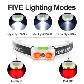 500 Lumen Rechargeable Headlamp (3 Pack), 5 Modes with Red Light Head Lamp, IP54 Water-Resistant Adjustable Strap Head Light for Adult Running, Camping, Cycling-White