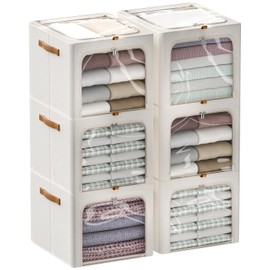 Chizjox 6 Pack Clothes Storage Bins with Metal Frame - Stackable Storage Box with Lid，42L Foldable Storage Container Organizer for Clothes，Linen Fabric Storage Box with Clear Window＆Leather Handles