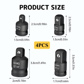 Hugwish Pack of 4 Impact Wrench Adapter, Adapter 3/8 to 1/4, Adapter 1/4 to 3/8, Adapter 1/2 to 3/8, Adapter 3/8 to 1/2, Chrome-Molybdenum Steel (CR-MO) (3/8 to 1/4 to 1/2 4pcs)