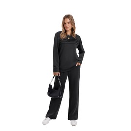 WIHOLL 2 Piece Outfits for Women Loose Wide Leg Sweatpants Long Sleeve Sweat Sets Tracksuit Fall Loungewear Women's Winter Fall Sweatsuits Black XL