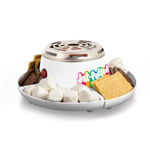 Nostalgia Jet-Puffed Tabletop Indoor Electric S'mores Maker - Smores Kit With Marshmallow Roasting Sticks and 4 Compartment Trays for Graham Crackers, Chocolate, Marshmallows - White