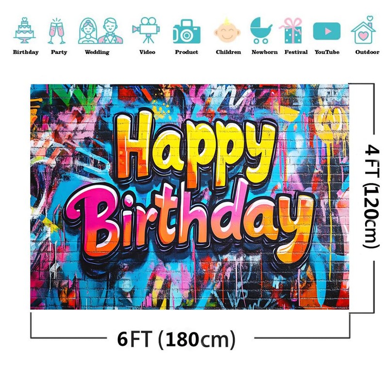 AIIKES 6x4ft Colorful Brick Wall Backdrop Retro Graffiti Happy Birthday