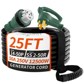 PlugSaf 50 Amp Generator Cord, 25FT 50 Amp RV Extension Cord with Twist Lock, Generator Cable 50A 4 Prong Green, NEMA 14-50P/SS2-50R Heavy Duty STW Wire for RV Camper & House