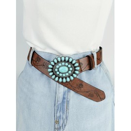 Vintage Turquoise Decor Western Belt, Boho Style Floral Pattern Waistband, PU Leather Belt for Women, Fashionable Clothes Accessories for Daily & Party Decoration - Color: Brown, Size: 120cm