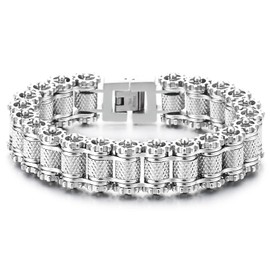 COOLSTEELANDBEYOND Men's Stainless Steel Gear Link Bracelet, Masculine Large Bike Chain, Heavy-Duty Industrial Style, Length 8.66", Width 0.75", Metal, no gemstone