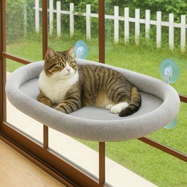 Sinai Cordless Cat Window Perch-Foldable Hammock Seat with Cushion Bed Cover, Durable Metal Frame, Strong Suction Cups for Large Indoor Cats, Space-Saving Design, Bonus Self-Groomer with Catnip