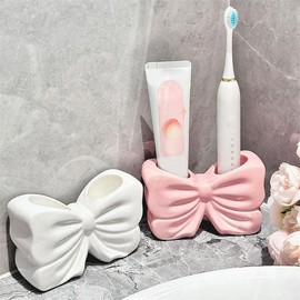 Maiden heart bow ceramic toothbrush holder creative bathroom sink electric toothbrush toothpaste ceramic organizer - Color: Pink