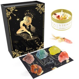 YTENTE Aries Zodiac Sign Soy Wax Scented Candle Crystals Healing Stones Gift Set with Horoscope Sign Hexagonal Pendant Gemstone Chakra Crystal Necklace for Women Men Birthday Gifts (Aries gift set)