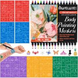 Temporary Tattoos Marker Kit - 16 Dual-Ended Tattoo Pens (9 Classic + 7 Matte Colors), 100 Tattoo Stencils, Skin-Safe, Waterproof Body Markers Set for Kids Teen Adults, Fun for Parties & DIY Art