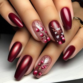 Flower Press on Nails Medium Square Spring Summer Nails Press Floral Fake Nails Red Glitter Design Glue on Nails Glossy Floral False Nails Full Cover Acrylic Stick Nails for Women Girls 24PCS